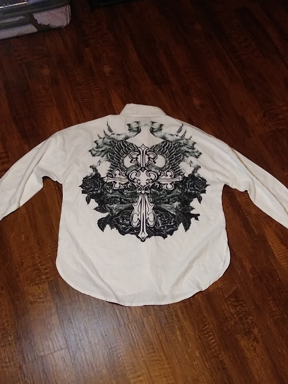 Men's White Long-Sleeve Shirt with Cross & Wing Graphic